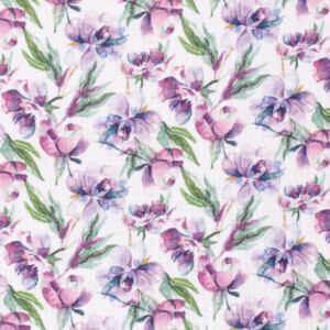 Cotton Muslin purple flowers white