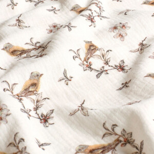 cotton muslin digital printed birds offwhite