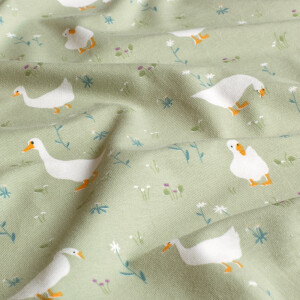 cotton jersey geese with flowers olive green