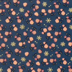 cotton christmas roses steel blue/gold