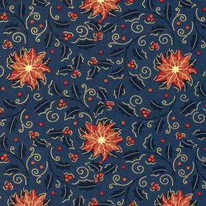 cotton christmas poinsettias steel blue/gold