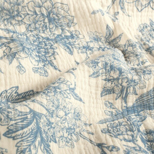 cotton muslin flowers and birds cobalt