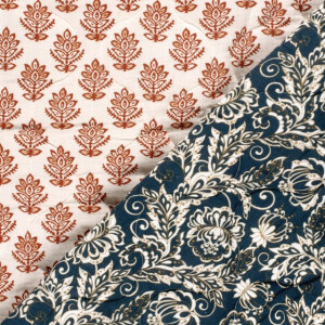 Quilted muslin abstract/flowers offwhite/marine