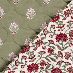 Quilted muslin abstract/flowers khaki green
