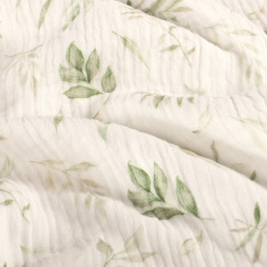 cotton muslin digital printed leaves offwhite