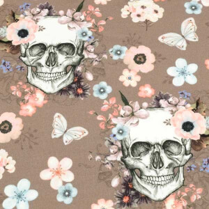100x150 cm cotton jersey digital print flower skulls taupe