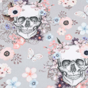 100x150 cm cotton jersey digital print flower skulls light grey