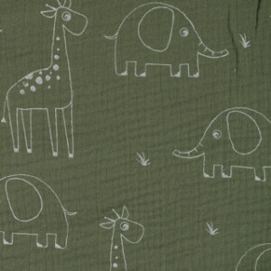 cotton muslin giraffes and elephants forest green