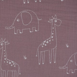 cotton muslin giraffes and elephants mauve