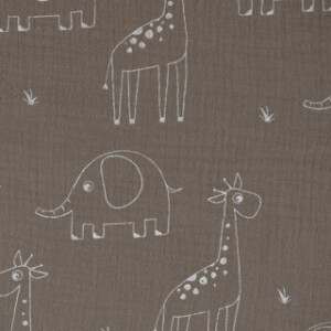 cotton muslin giraffes and elephants taupe brown