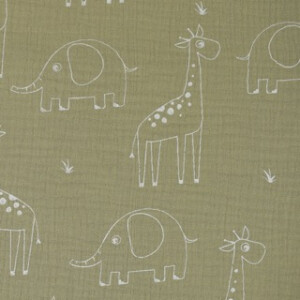 cotton muslin giraffes and elephants olive green