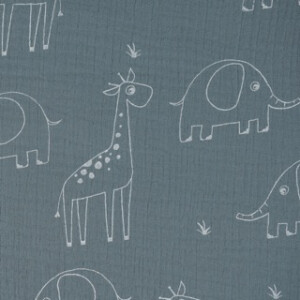 cotton muslin giraffes and elephants steel blue