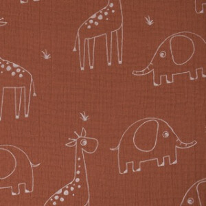 cotton muslin giraffes and elephants red brown