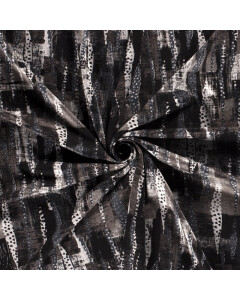 Poly viscose jersey fabric discharge printed abstract dark grey