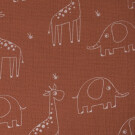 cotton muslin giraffes and elephants red brown