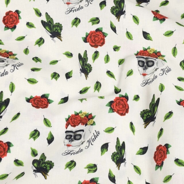 Cotton poplin frida khalo roses white